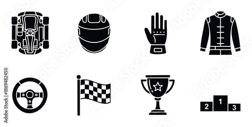 Racing sport equipment and championship symbols set for karting events and automotive competition graphics, perfect for marketing materials and sports club promotions.