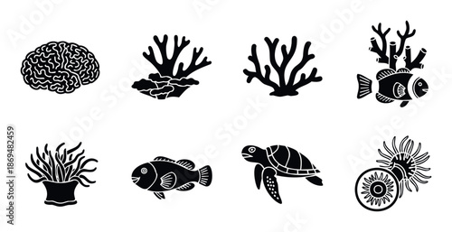 Collection of black and white silhouette icons depicting marine animals like fish, turtle, sea anemone, coral, and a human brain for scientific and educational projects