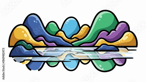 Stylized colorful hills reflected in a body of water, rendered in a graphic art style
