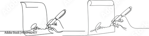 Continuous one-line art illustration depicting a human hand signing an official document with a pen, symbolizing agreement, authorization, and the finalization of legal or business paperwork