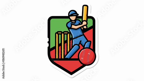 Stylized cricket player batting with a red ball and wickets in a shield emblem