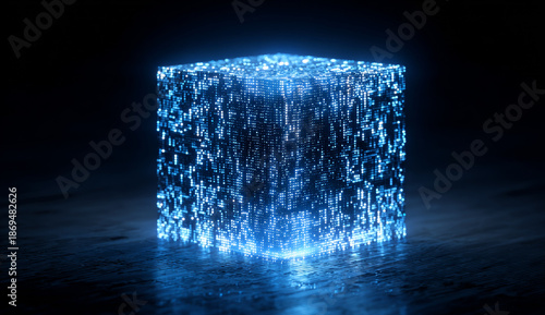 Digital blue cube composed of glowing binary code with a textured surface