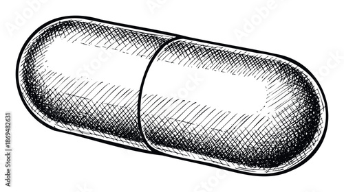 Hand drawn sketch of a medical capsule or pill, perfect for health, pharmaceutical, or wellness related educational materials and graphic presentations