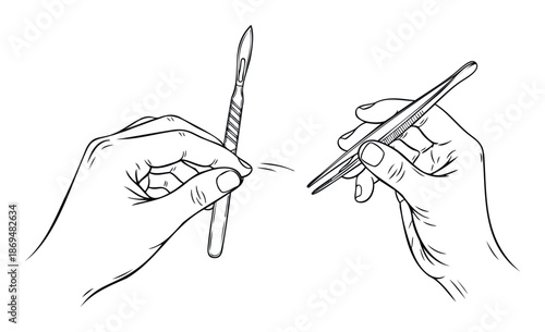 Trained hands demonstrate precise surgical technique by holding a sharp scalpel and fine medical forceps, suitable for medical instruction, healthcare advertising, and scientific materials.