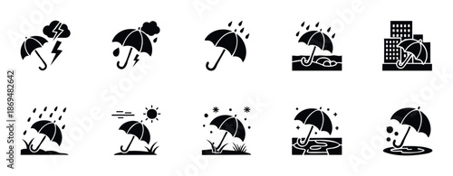 Modern weather conditions glyph icons including umbrellas for protection against rain, sun, snow, and storms, useful for forecasting, apps, and seasonal marketing.