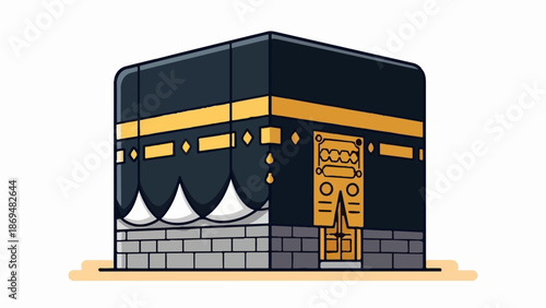 Stylized cube structure with black, gold, and grey accents, set on a sandy base