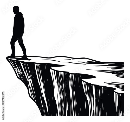 Silhouette of a determined person standing on the perilous edge of a towering cliff, symbolizing bravery, challenging risks, and significant life choices for motivational content and