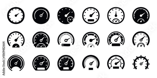 Collection of versatile black and white gauge and speedometer icons suitable for dashboard interfaces, performance indicators, measurement displays, and technological applications