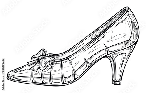 Elegant pointed toe high heel pump with a delicate bow, resembling a magical glass slipper, perfect for enchanting event themes and decorative prints