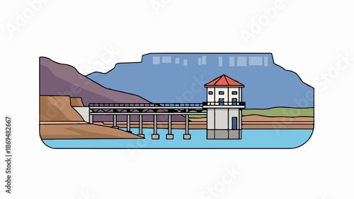 Stylized dam structure with a water intake tower against a mountainous backdrop