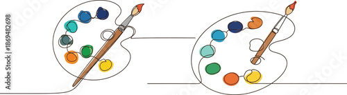 Continuous line art illustration featuring two artist's palettes with paintbrushes and a spectrum of vibrant colors, symbolizing creative expression and artistic endeavors