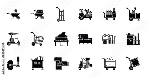 Comprehensive collection of utility carts, specialized trolleys, and mobile transportation equipment for industrial applications, agricultural tasks, retail logistics, and household moving