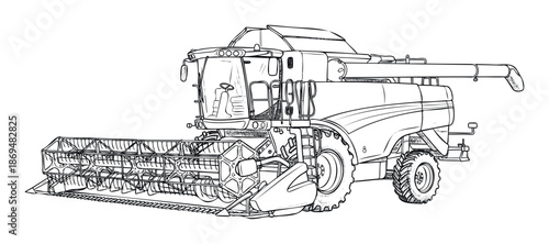 A detailed line drawing of a modern combine harvester, essential agricultural machinery for harvesting various crops, perfect for educational materials, farming publications, or technical