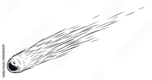 Powerful dynamic cosmic object depicting a fast moving comet or meteor with a textured head and motion lines, suitable for science, astronomy, and energetic themed media.