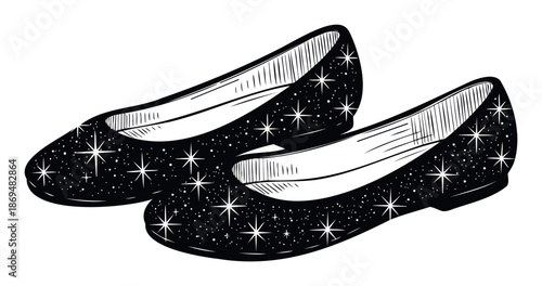 Elegant black ballet flats adorned with sparkling stars and glitter, perfect for fashion blogs, footwear advertisements, or magical themed graphic projects.