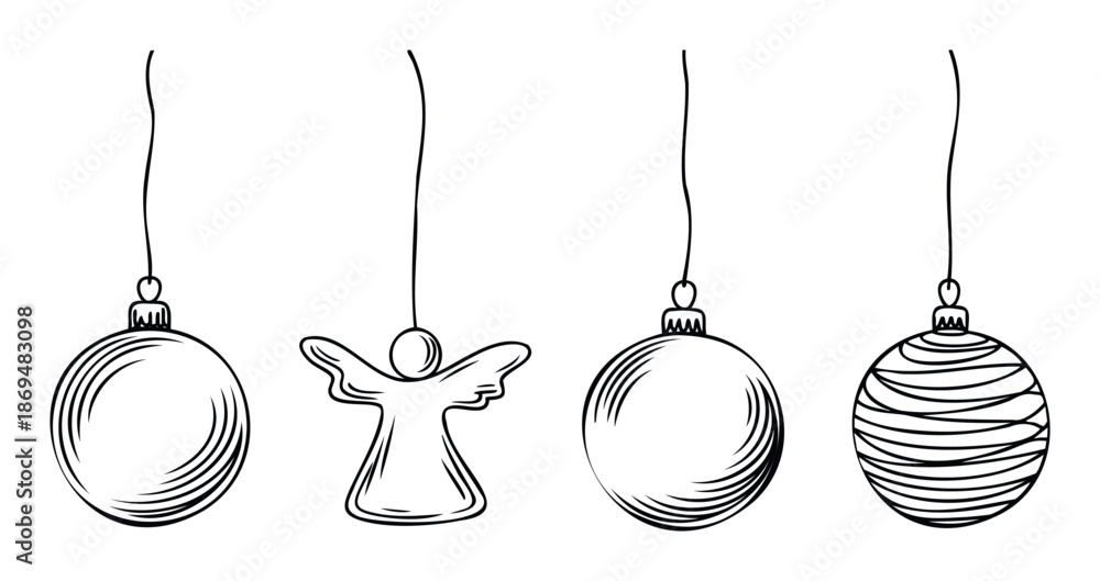 Fototapeta premium A collection of simple hand drawn hanging festive decorations perfect for holiday greetings, winter season invitations, and cheerful graphic compositions for various celebratory events.