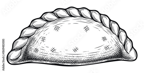 Hand drawn black and white sketch of a savory pastry resembling an empanada, perfect for culinary content, restaurant branding, or foodthemed publications.
