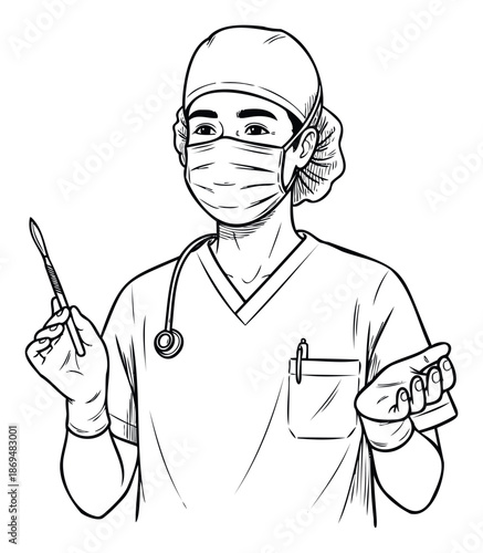 Asian medical professional wearing scrubs and a mask, holding a scalpel, perfect for healthcare educational materials and hospitalrelated concepts