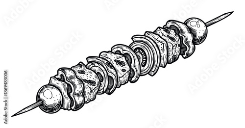 Delicious grilled kebab skewer with meat and vegetables, perfect for restaurant menus, barbecue invitations, or culinary branding materials.