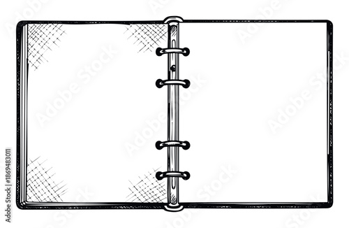 Hand drawn sketch style open ring bound notebook with blank pages, perfect for creative design resources, mockups, or adding custom text and graphics.