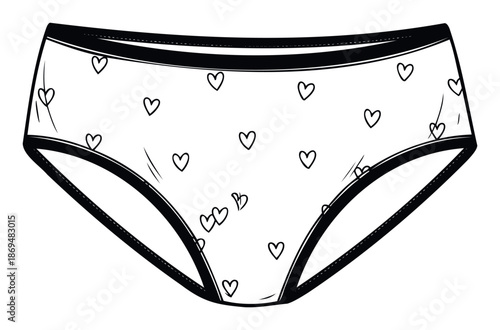Simple black outline drawing of womens comfortable briefs adorned with scattered heart shapes, perfect for intimate apparel product displays or romantic style guides.