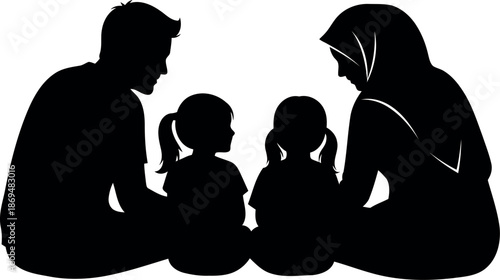 Ramadan Family Silhouette Illustration – Muslim Parents and Children Celebrating Islamic Holy Month