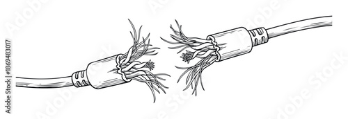 This broken electrical cable with frayed wires symbolizes disconnection and technical problems, perfect for illustrating repair needs or system failures in various digital and print media
