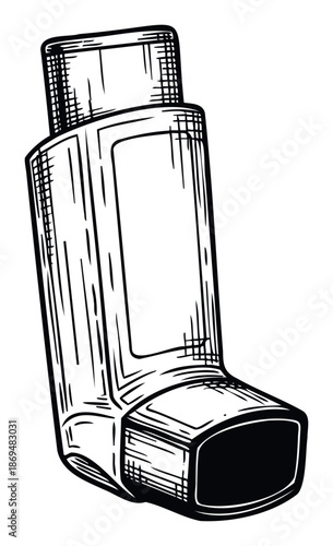 Medical device for respiratory health showing an asthma inhaler for allergy treatment or breathing relief, useful for healthcare informational graphics and health education programs