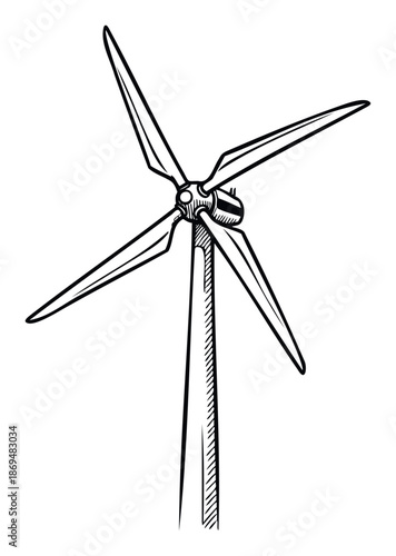Monochromatic graphic representation of a powerful wind turbine harnessing renewable energy for sustainable power generation and ecofriendly infrastructure projects worldwide