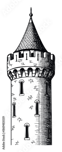 Detailed black and white drawing of a formidable medieval castle tower featuring a pointed roof and defensive battlements, suitable for historical or architectural content.