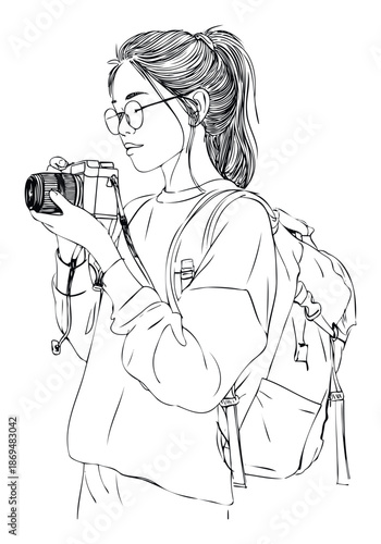 Young Asian woman with glasses and a ponytail holding a camera and wearing a backpack, perfect for lifestyle blogs and travel content