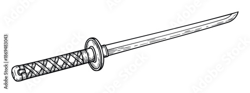 Vintage handdrawn Japanese sword graphic for martial arts school logos, cultural event posters, and samurai warrior themed merchandise designs and illustrations.
