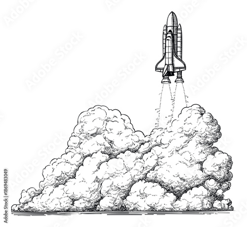 Black and white engraving depicting a powerful space shuttle rocket liftoff amid a massive cloud of exhaust smoke, perfect for educational materials or inspirational design projects