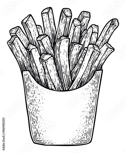 Classic crispy french fries served in a traditional paper container, perfect for fast food menus, snack advertisements, and culinary graphic projects with a handdrawn vintage appeal.