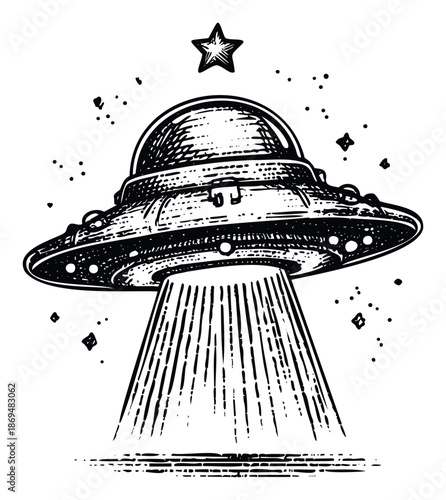 Black and white hand drawn flying saucer hovering with a light beam in a starry sky creating an intriguing outer space graphic for apparel prints merchandise and science fiction themed