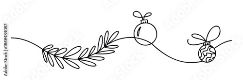 Simple continuous line drawing of Christmas holiday ornaments and winter foliage perfect for seasonal greeting graphics and festive celebrations