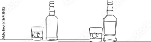 Minimalist line art illustration featuring two identical sets of spirits bottles and glasses with ice cubes, perfect for beverage industry designs and digital menus