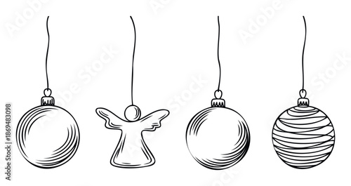 A collection of simple hand drawn hanging festive decorations perfect for holiday greetings, winter season invitations, and cheerful graphic compositions for various celebratory events.