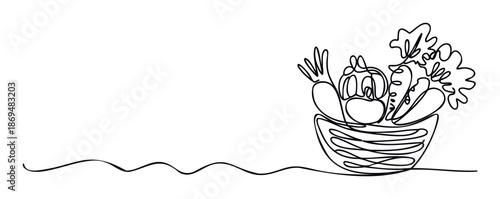 Minimalist oneline depiction of a bountiful vegetable basket symbolizing fresh produce and healthy lifestyle, ideal for dietetics websites or ecofriendly branding.