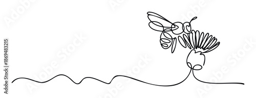 Elegant one line honeybee drawing gracefully approaching a blooming flower, perfect for eco friendly marketing materials, educational content, or serene home decor.