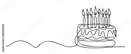 A minimalist continuous line drawing depicting a festive twotiered birthday cake adorned with eight lit candles, perfect for celebratory greeting cards, party invitations, or event