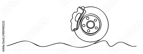 A minimalist oneline drawing depicting an automotive brake disc with its caliper above a wavy ground, suitable for mechanical engineering, vehicle maintenance, or automotive industry