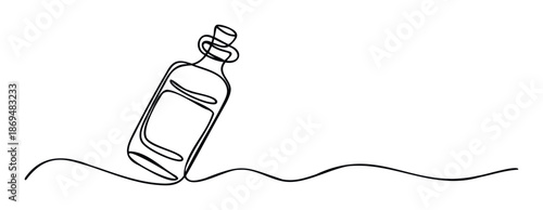 A minimalist continuous line drawing depicting a sealed bottle with a cork bobbing on a gentle wavy line, ideal for symbolic graphic resources and simple communication themes.