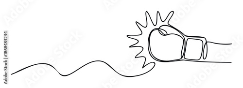 Minimalist single line art depicting a powerful boxing glove striking with an explosive burst, ideal for sport event promotions, fitness club advertisements, and strength motivation visuals.