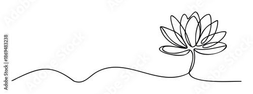 Elegant continuous line drawing of a blooming lotus flower representing peace and purity, perfect for wellness, meditation, spa, or natural beauty themes.