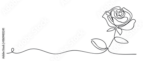 Elegant minimalist continuous line drawing of a beautiful rose flower with delicate leaves and a flowing stem perfect for romantic invitations, sophisticated branding, or modern decor.