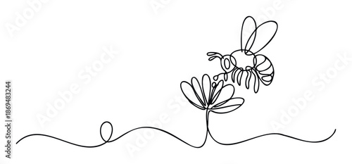 Minimalist one line drawing of a flying bee approaching a blooming flower, symbolizing natures harmony and ecological balance for environmental campaigns, educational materials, and product