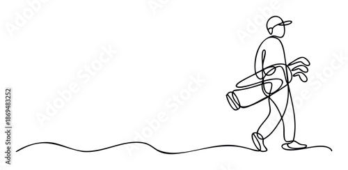 Simple minimalist line drawing of a golfer walking with a golf bag and clubs, ideal for sports branding, event promotions, or health and wellness content.