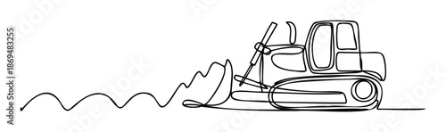 Minimalist one line drawing of a powerful bulldozer moving earth, ideal for construction industry presentations, heavy equipment manufacturing promotions, and engineering project graphics