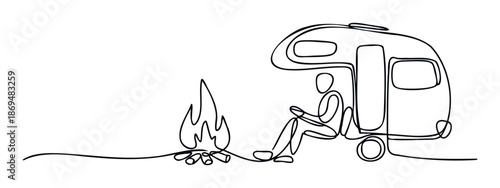 Continuous line drawing of a person relaxing by a warm campfire next to a camper van, symbolizing freedom and adventure, ideal for travel blogs and outdoor lifestyle promotions.